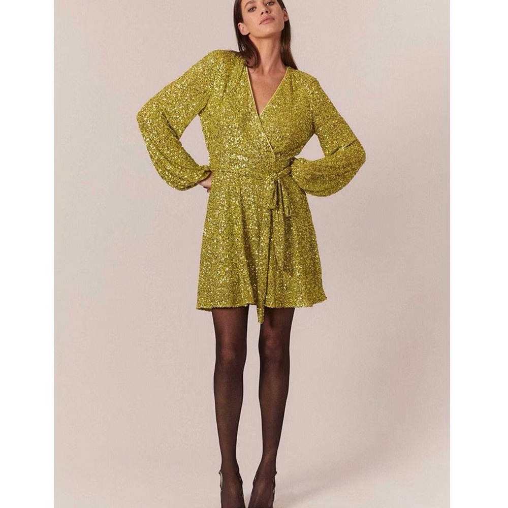 Elegant Lime Sequin Wrap Dress